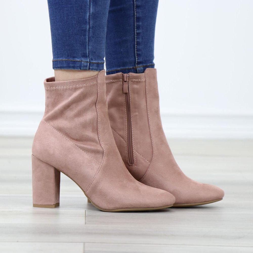 Pointed Toe Pink Faux Suede Block High Heel Above Ankle Boots - Picture 14 of 14